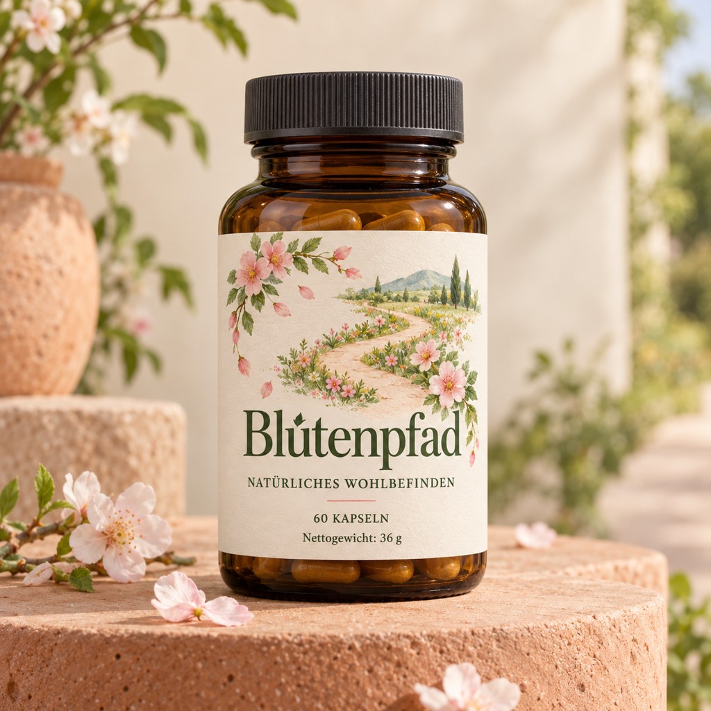 Blütenpfad in einer Produktaufnahme mit lesbarem Etikett